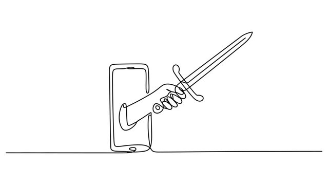 Continuous line drawing of a hand holding a sword coming out of a mobile phone screen representing mobile gaming and virtual combat Vector, illustration