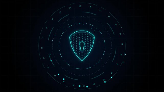 Glowing digital shield icon with binary code numbers on a dark blue technology background
