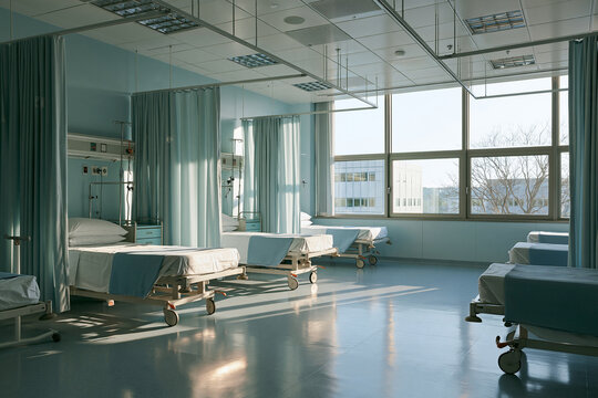 Empty hospital ward with beds and natural light.