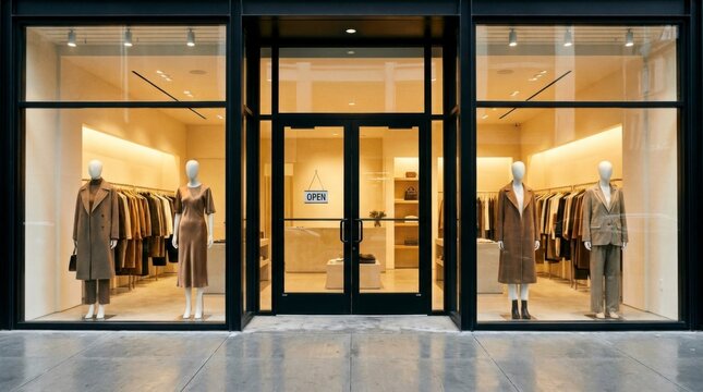Modern clothing store facade with mannequins in warm-toned display windows, showcasing fashion retail and shopping experience