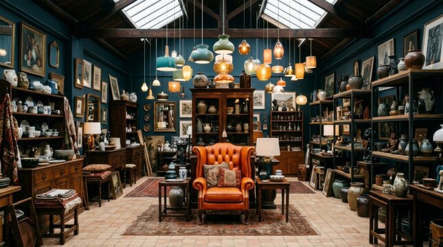 Vintage armchair in a cozy antique shop with hanging lamps and various collectibles on display