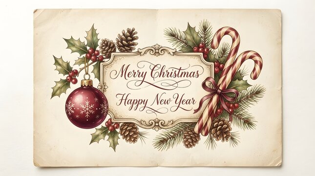 A vintage christmas card depicting a festive scene with a red ornament candy cane and holly evoking the warmth and joy of the holiday season