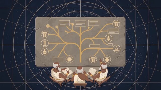 Philosopher characters in ancient robes study animated diagram tree on stone slab, displaying growing infographics with classical icons, educational concepts and thoughtful cartoon ambiance.