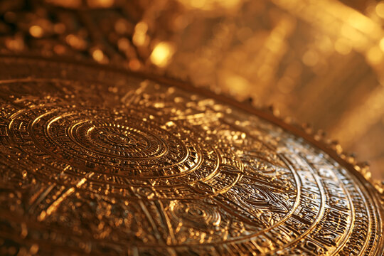 Close-up of an ancient golden artifact with intricate decorative patterns
