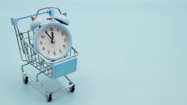 Small blue alarm clock inside a miniature shopping cart on a light blue background