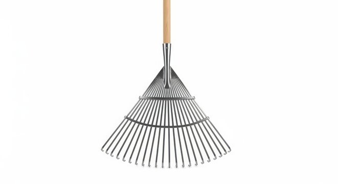 Metal leaf rake with wooden handle isolated on white background