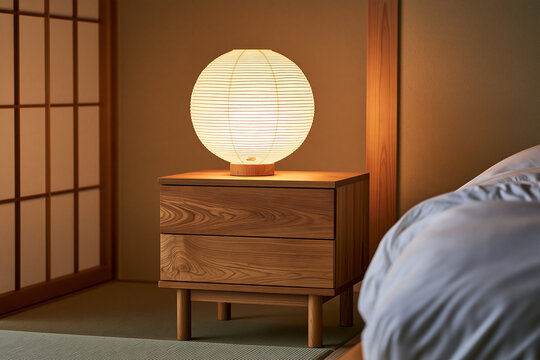 Cozy Japanese Bedroom Interior with Traditional Paper Lantern on Bedside Table