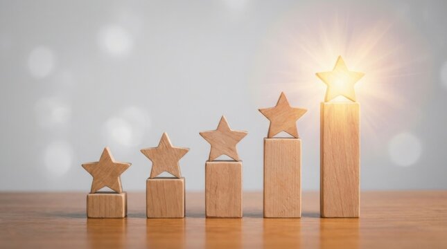 Wooden blocks and star shapes demonstrating growth, success, and positive customer feedback with a glowing star at the top.