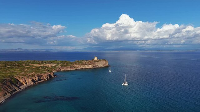 Scenic drone flight over Torre Cannai, Sant'Antioco Island, South Sardinia, Italy, Europe


