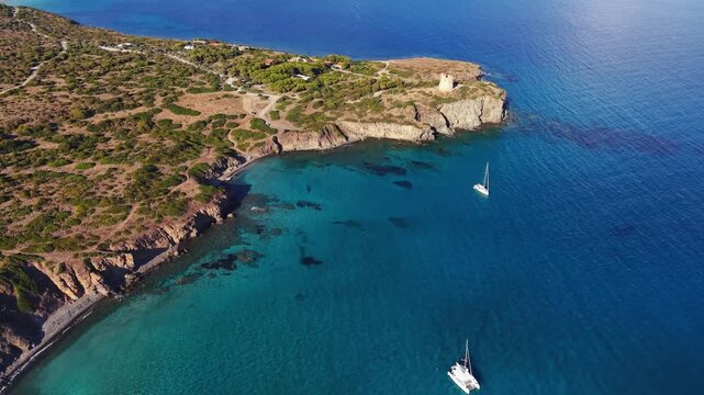 Scenic drone flight over Torre Cannai, Sant'Antioco Island, South Sardinia, Italy, Europe



