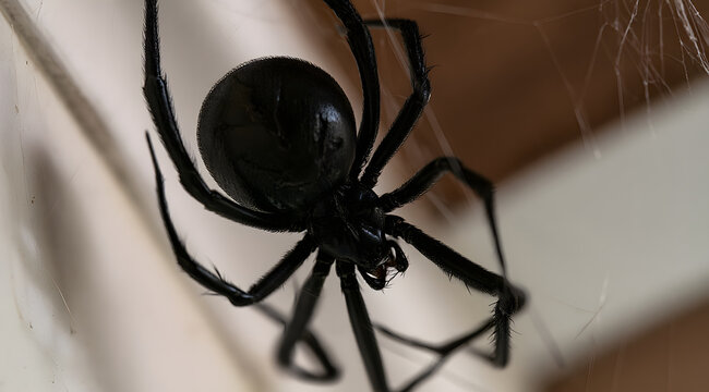 Black spider hangs from a corner spider's web