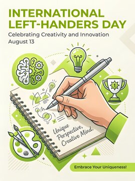 Hand writing in a notebook with creative icons for left handers day