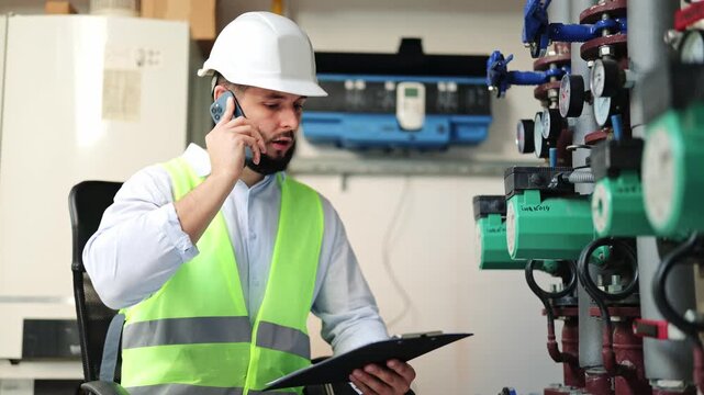 Focused engineer with a beard, wearing a white hard hat and high-visibility vest, talking on a smartphone and reviewing documents in a boiler room with industrial pipes and gauges.