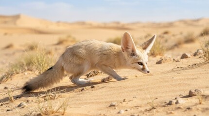 Fototapeta premium A fennec fox standing on the golden sand dunes of the Sahara desert under bright daylight