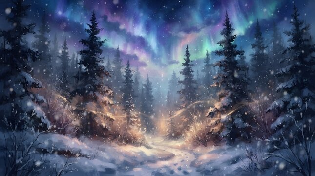 A breathtaking winter wonderland scene unfolds showcasing a majestic forest bathed in the ethereal glow of the aurora borealis evoking a sense of peace tranquility