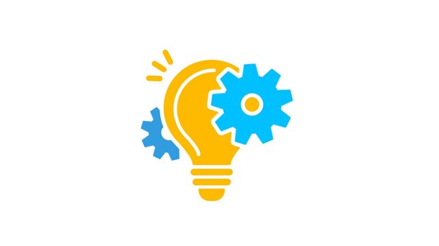 Animated lightbulb with gears which represent Innovation and Problem-Solving, Brainstorming and Strategy, Productivity & Optimization on transparent background. Light bulb and rotating gears icon.