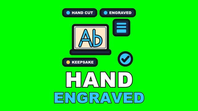 4K green screen HAND ENGRAVED animated text - the graver follows the letterform and the cut opens up bright against the plate, kinetic typography jewellery and watch repair overlay, chroma key