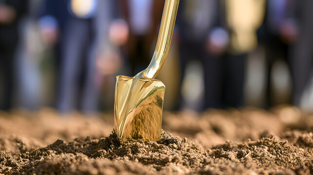 During a formal groundbreaking ceremony, a golden shovel is being inserted into the soil. In the background, businesspeople are seen standing