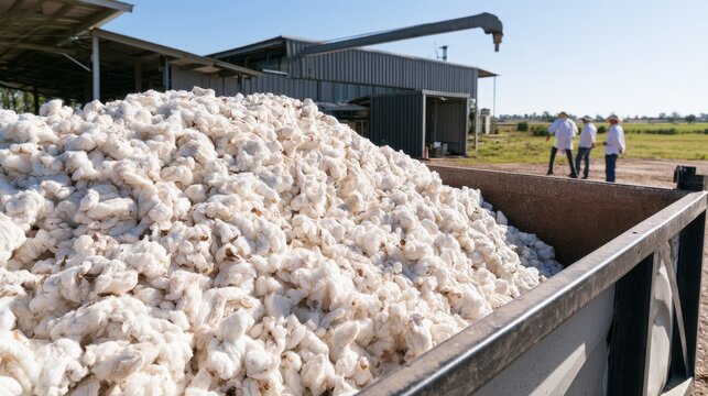 Harvested cotton piled in trailer beside processing shed, farm logistics, cotton processing, textile supply chain, agriculture industry