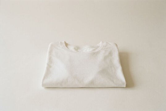Minimalist folded blank white t-shirt on plain neutral background for apparel mockup.