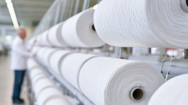 White yarn rolls on spinning machines in textile factory, fabric production and industrial manufacturing workflow