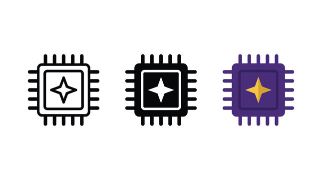 Set of microchip icons with star symbol, linear, solid and flat design styles, computer processor vector illustration