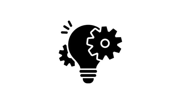 Animated lightbulb with gears which represent Innovation and Problem-Solving, Brainstorming and Strategy, Productivity & Optimization on transparent background. Light bulb and rotating gears icon.
