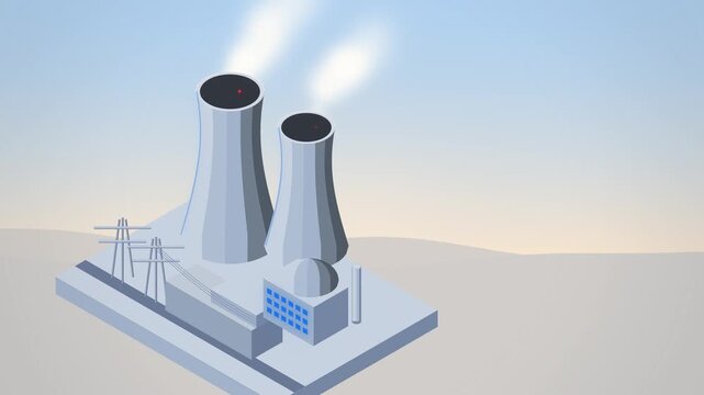 Isometric nuclear plant with cooling towers and pylons on light sky