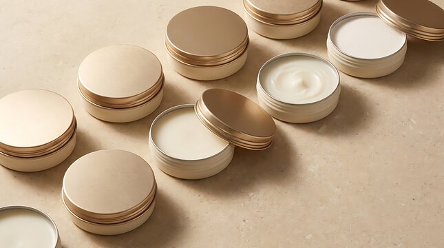 Small round metal cosmetic tins with white cream inside arranged on a light green surface for beauty. high-end cosmetic tins