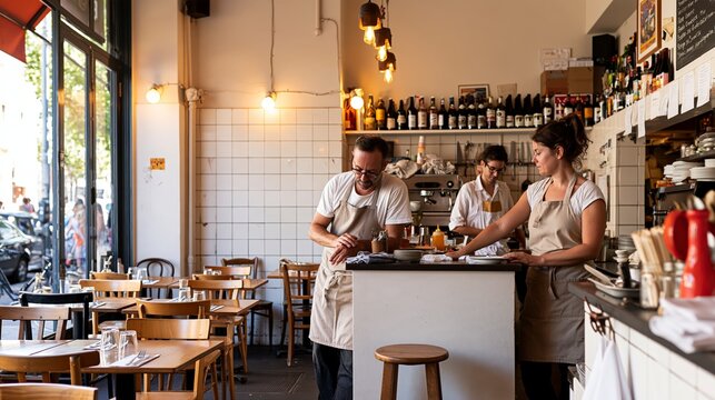 Small Restaurant Team Preparing Dining Room for Service