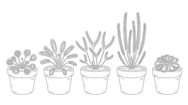 Five different sundew species in pots as a botanical line art