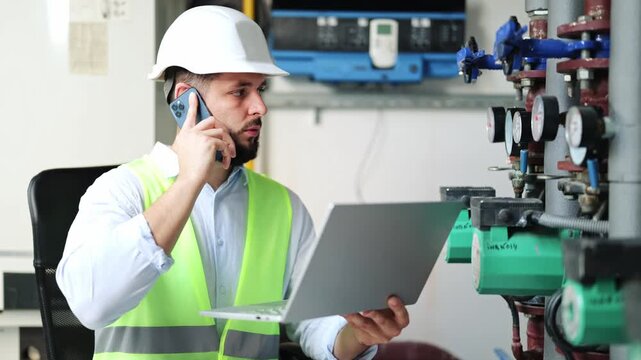 Focused engineer, wearing a white hard hat and high-visibility vest, conversing on a smartphone and using a laptop while standing next to industrial pipes and gauges in a boiler room.