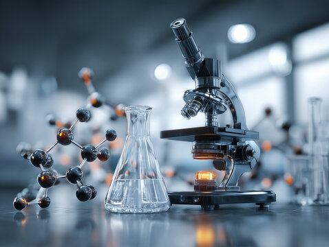 futuristic but realistic science concept featuring microscope, molecular model, laboratory glassware and digital technology elements on a clean laboratory table, cinematic lighting