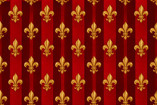Majestic regal gold heraldic fleur de lis square seamless pattern background with threetone vertical stripes