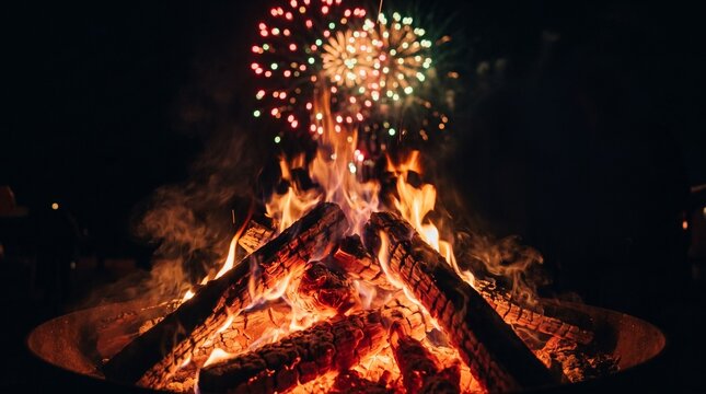 Bright bonfire burning with glowing embers and colorful fireworks lighting up the night sky during a celebration