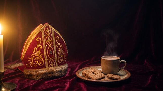St Nicholas Day celebration background with bishop miter mitre hat, hot chocolate and cookies