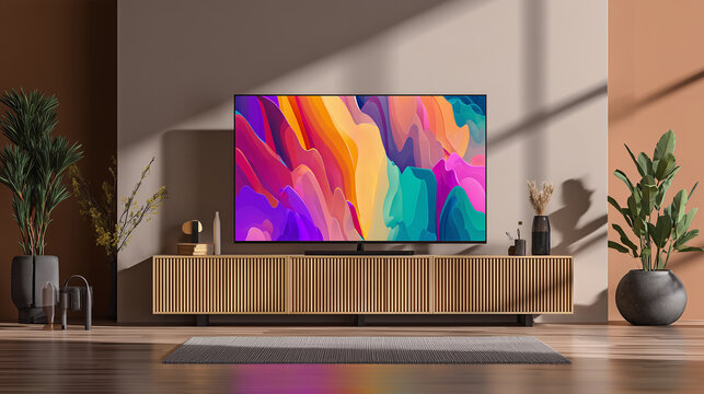 modern smart television displaying abstract colorful digital interface without readable text, minimalist contemporary living room, technology and media concept, photorealistic commercial photography