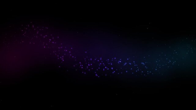 Abstract glowing blue and purple particles floating in dark space background