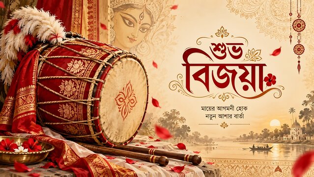 Bijoya festivities with dhak and bengali greetings