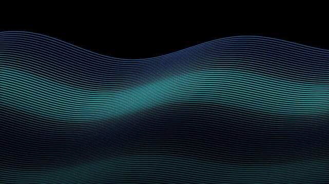 Abstract digital wave pattern with thin glowing blue and green lines on a dark black background