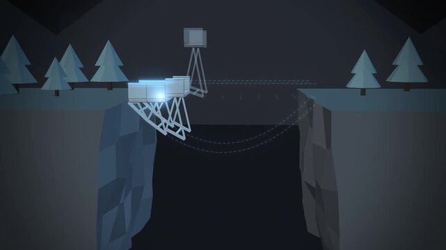 Bridge blueprint turns into a glowing truss bridge over a cliff gap