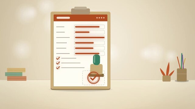 Tax form on a clipboard with orange fields and a rubber stamp
