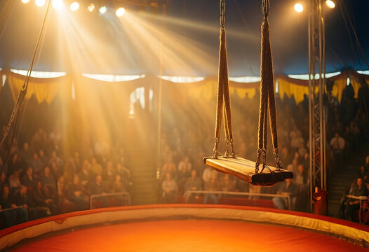 Circus performance and entertainment, empty trapeze swing hanging in a spotlight over a big top arena with a blurred audience in the background