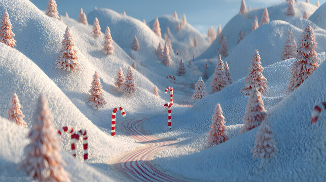 Snowy hills with Christmas trees and candy cane decorations.