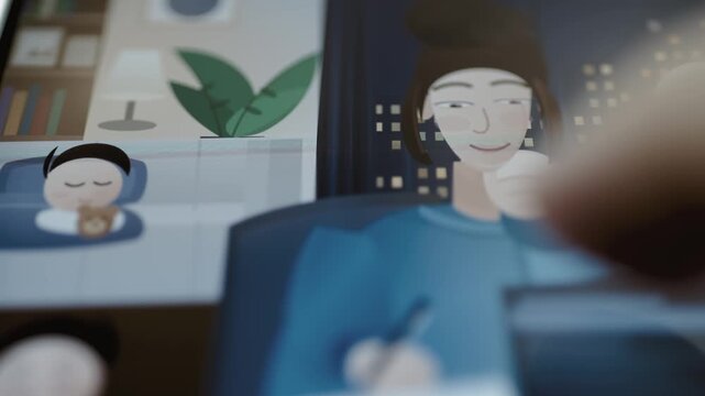 Mother studies online beside sleeping child at night