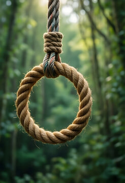 Mental health crisis and depression, rope noose hanging in forest as a metaphor for suicide prevention and emotional struggle in a dark woodland setting