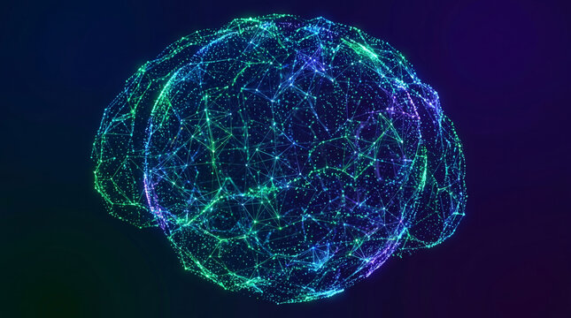 Abstract digital brain plexus with glowing blue and green particles and connections on dark background, neural network technology concept