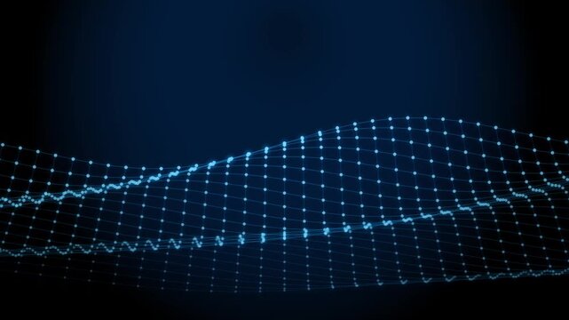 Abstract blue wave pattern with glowing grid lines and digital particles on a dark background