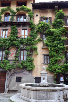 Historic Fontana Moreschi stone water fountain and old rustic house with green ivy in medieval village Bagolino, UNESCO transhumance heritage site, Brescia, Lombardy, Italy