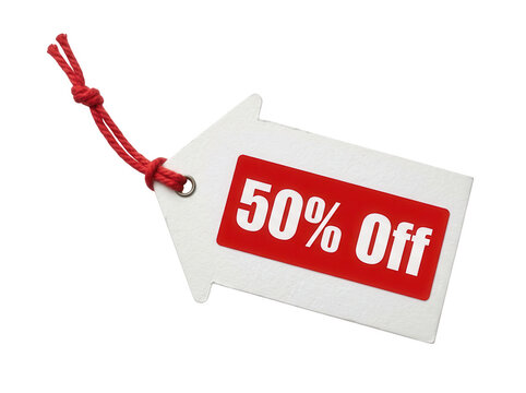 White paper arrow tag with fifty percent off red label on transparent
